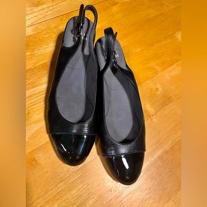 Stuart Weitzman cap-toe black slingback wedge 9.5